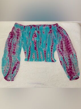 Surf Gypsy Aqua and Magenta Tie-Dye Off-Shoulder Crop Top - NWT